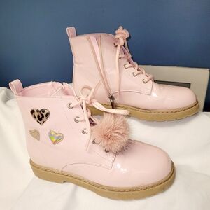 Pink Faux Leather Kids Combat Boots with Heart Accents